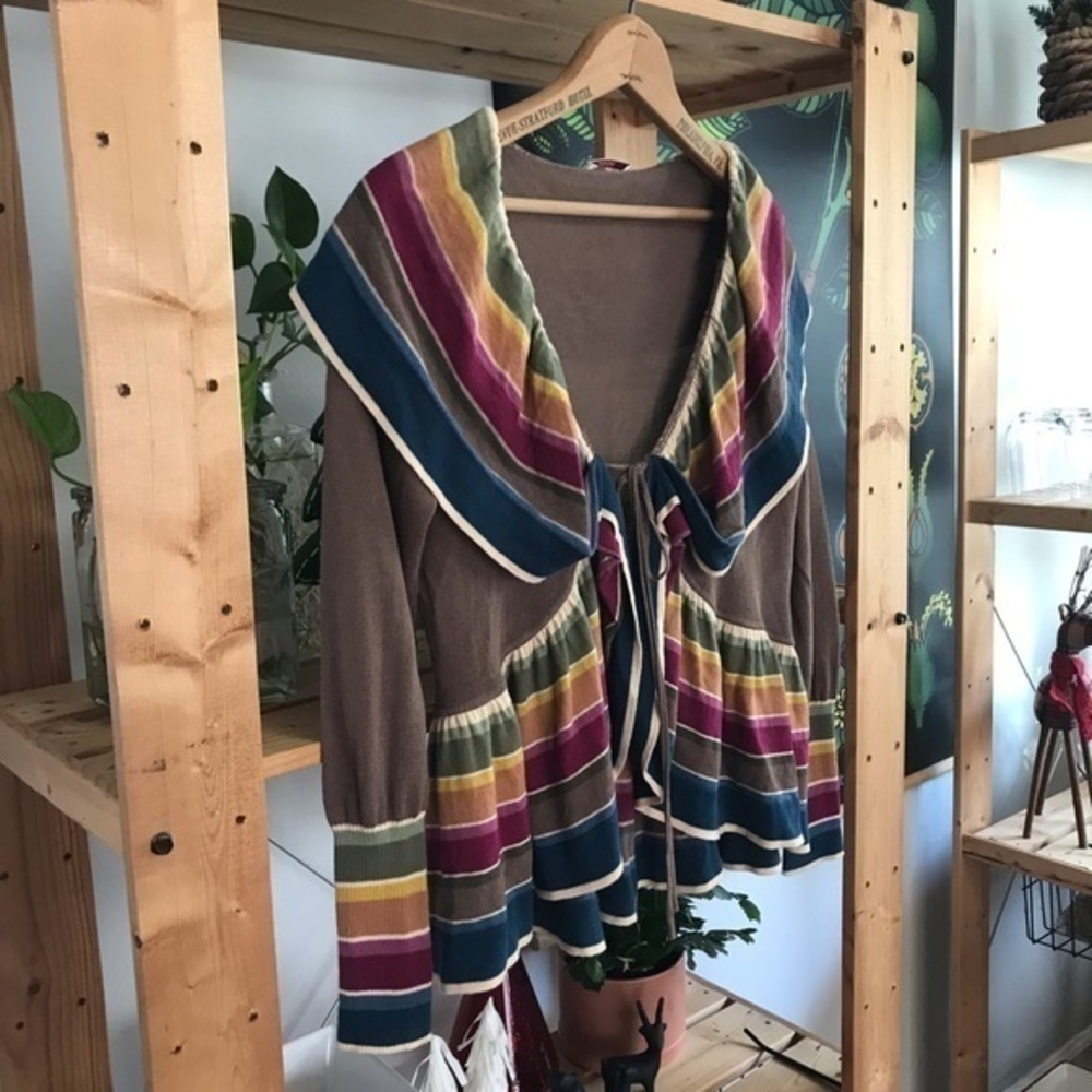 Kenzo Brown Colorful Stripe Ruffle Peplum Tie Front Cardigan Sweater Small - Picture 4 of 16